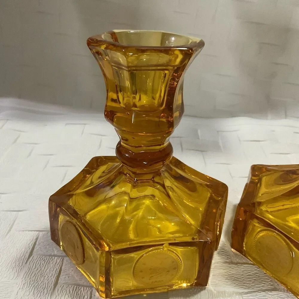 Set of 2 Vintage Amber Fostoria Coin Glass Candle Stick Holders 5” 4.5 INCH TALL
